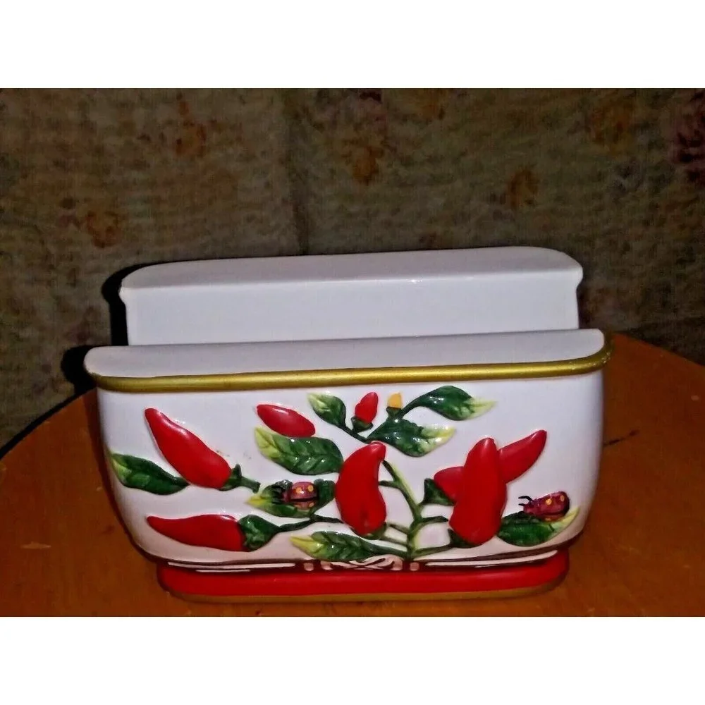 Vintage ceramic Napkin Holder red pepper red chillies embossed Unique Rare EUC